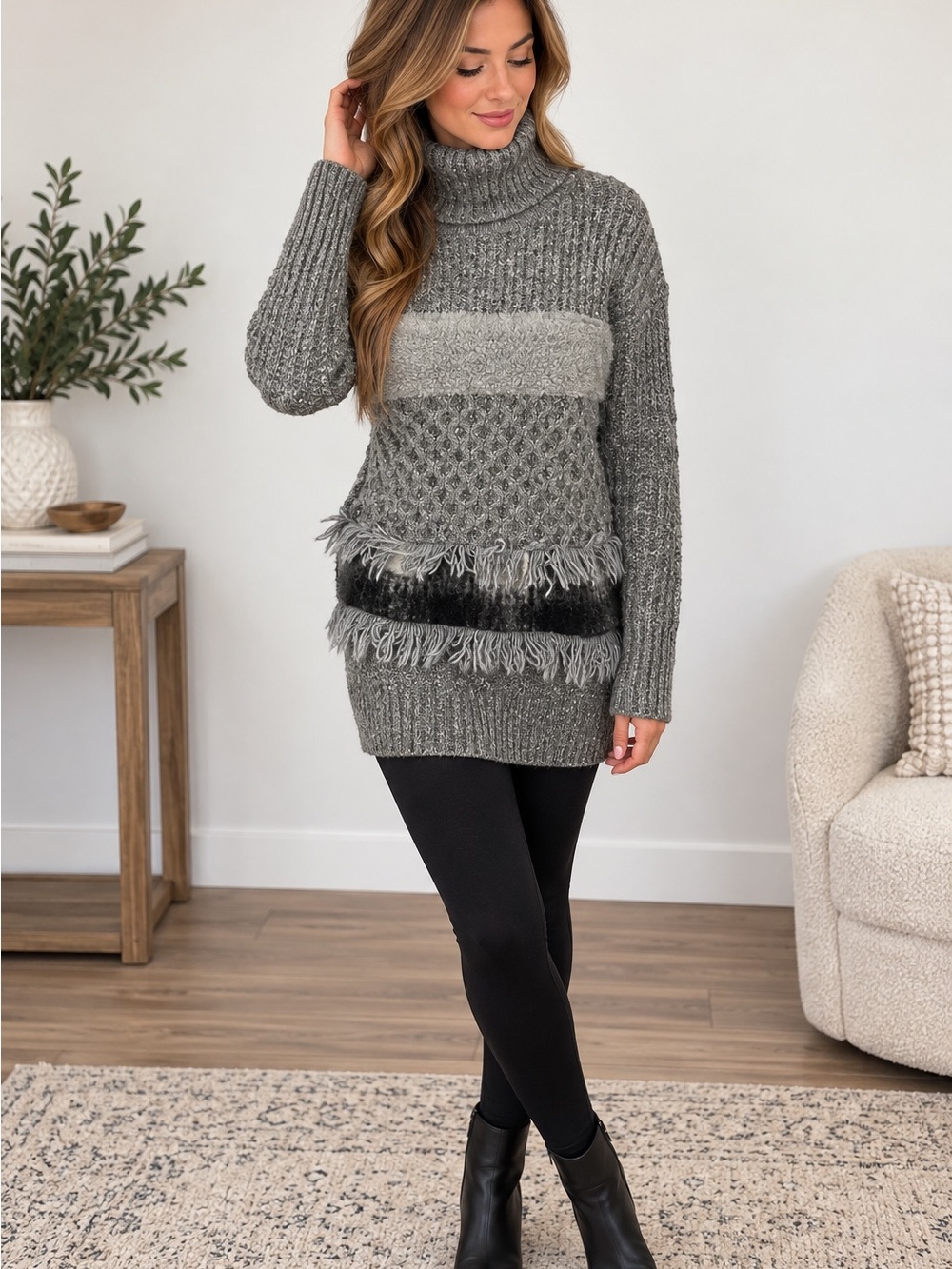 Banana Republic Gray Fringe-Trim Turtleneck Sweater Dress